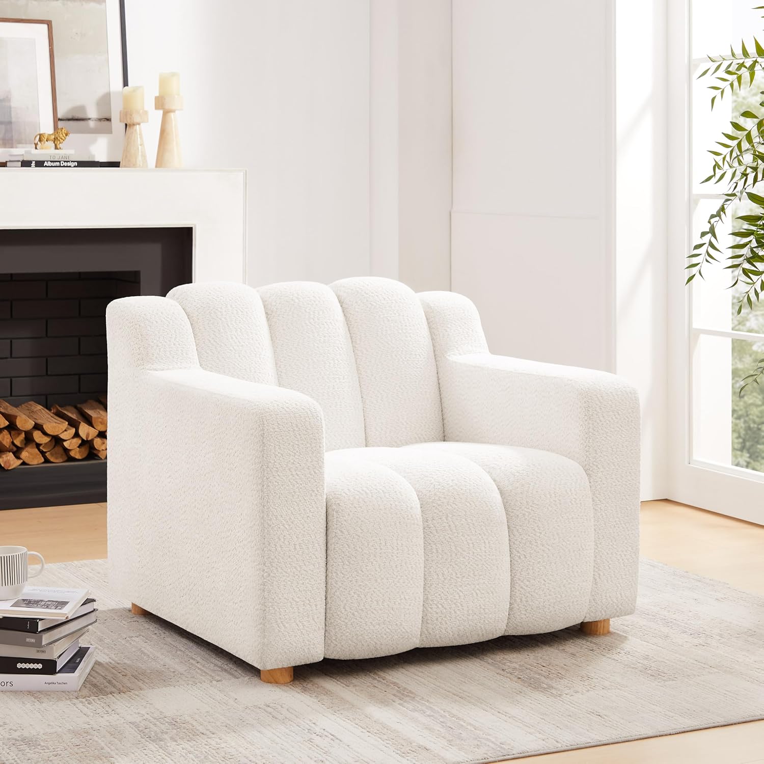VANOMi Oversized Accent Chair, Modern Living Room Chairs, Comfy Boucle Fabric Upholstered Armchair for Bedroom, Office, Waiting Room (White Boucle)