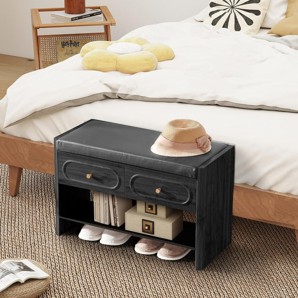 31.5" Shoe Bench, Shoe Storage Bench with Drawers, Waterproof Entryway Benches with Leather Cushion for Bedroom Black
