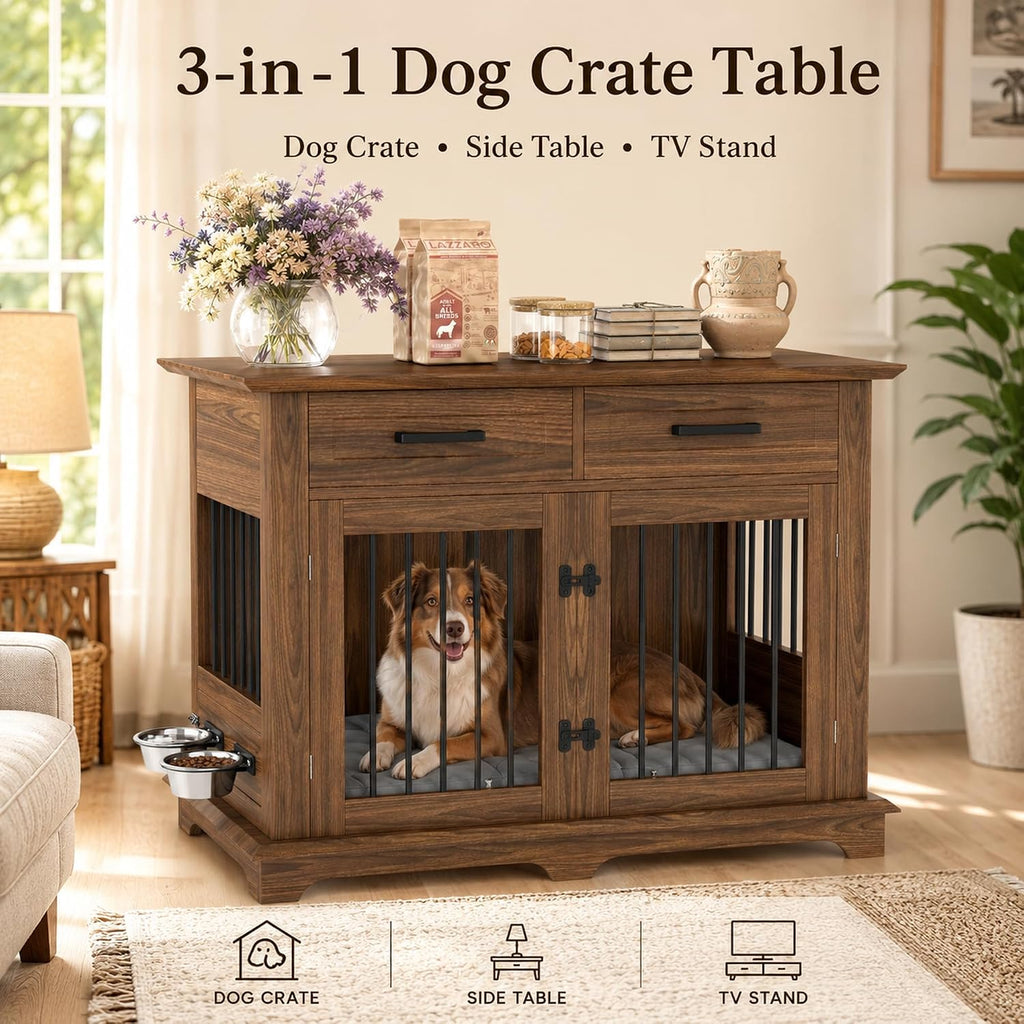 44.48" Large Dog Crate Furniture End Table (Brown) | 2 Storage Drawers, Rotating Removable Bowls, Lockable Double Doors, Reinforced Metal Bars