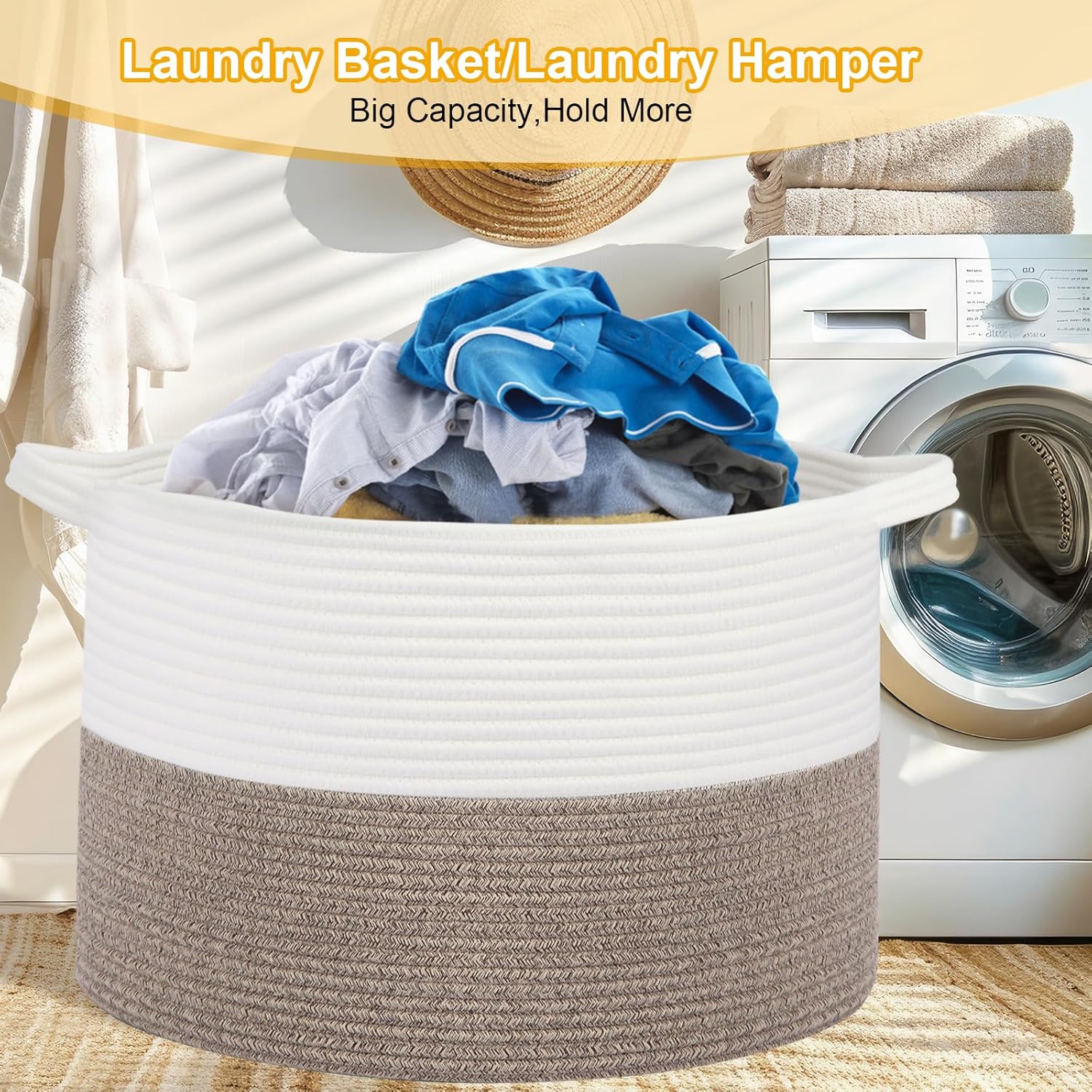 Large Laundry Basket 22''x14''Woven Cotton Rope Baby Blanket Basket for Living Room Girl Laundry Hamper Toy storage Baby basket Nursery Hamper Storage Bin (White+Brown)