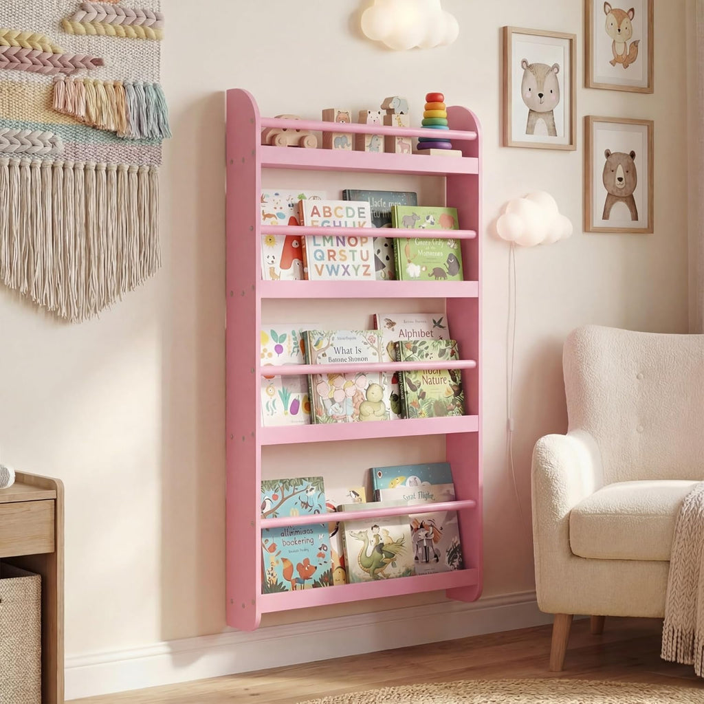 HONEY JOY Kids Bookshelf, Wall Mounted Shelf with Basswood Crossbar & Raised Edge, 4-Tier Bookshelf Organizer for Toys and Books, Space-Saving Wall Book Rack for Bedroom, Living Room, Nursery (Pink)