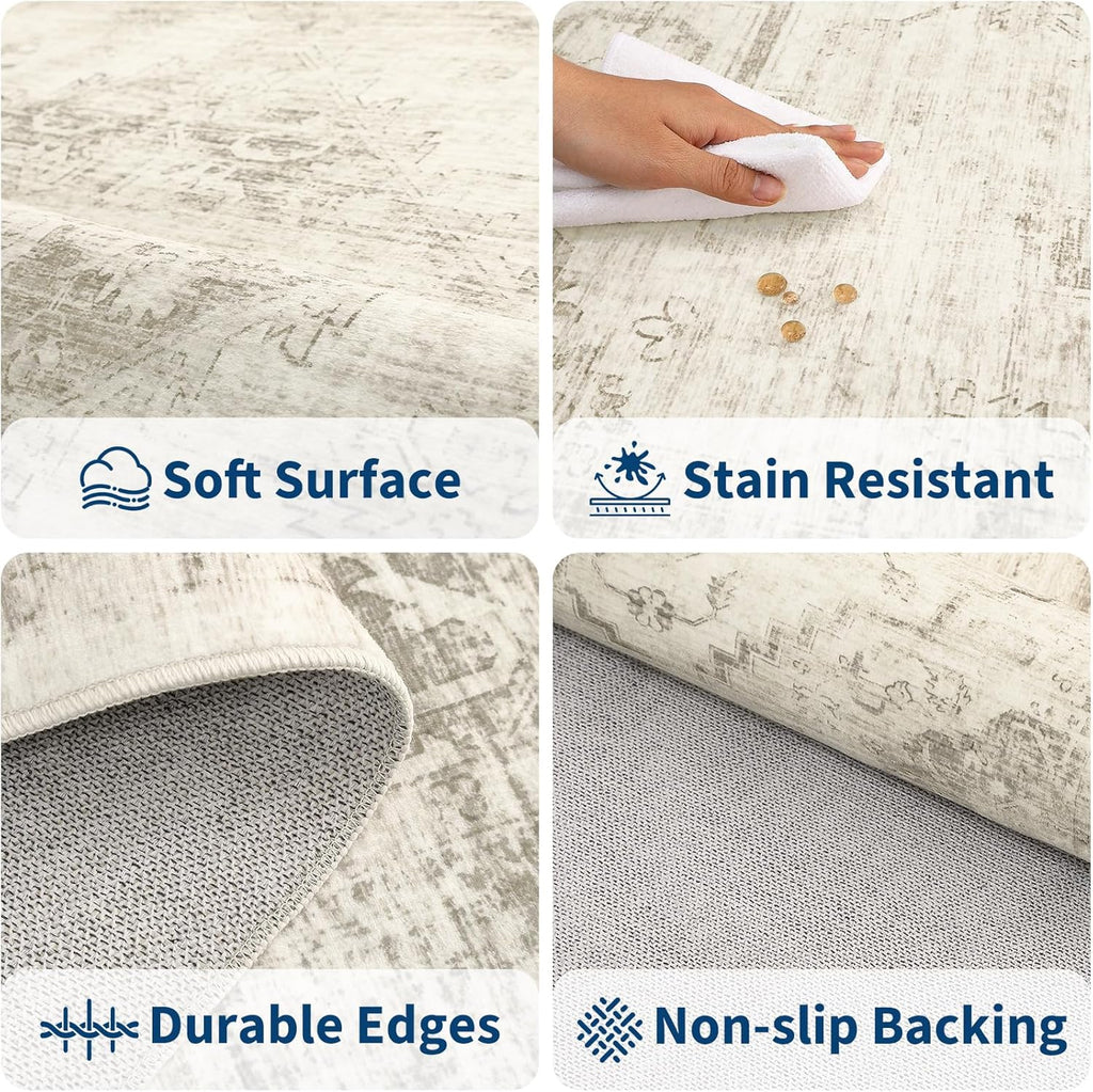 Garvee Beige 8x10 Area Rugs for Living Room, Boho Vintage Non-Slip Washable Rug Low Pile Stain Resistant Soft Foldable Large Carpet for Bedroom Dining Home Decor