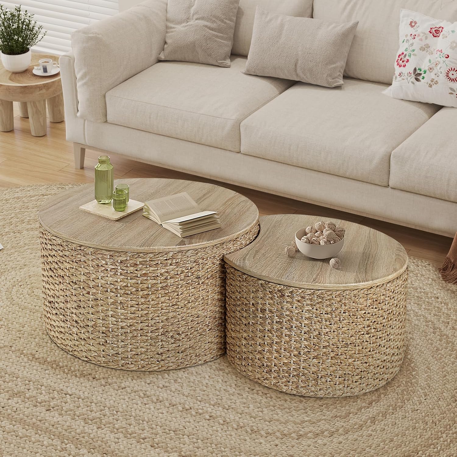 Nesting Coffee Table Set of 2, Rustic Crate and Barrel Coffee Table, Hand-Woven Woven Nesting Tables with Soild Wood Cover for Living Room, Bedroom