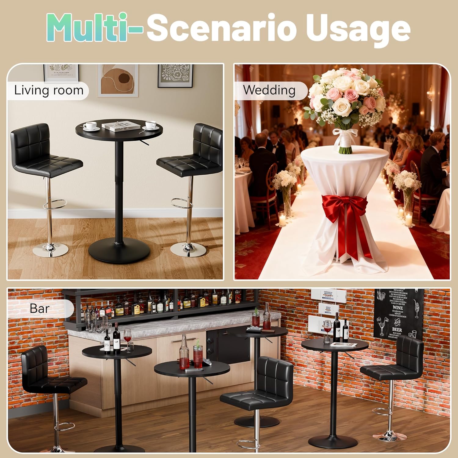 Furmax Bistro Pub Table Height Adjustable Round Bar Table 27.4-36 Inches, 360°Swivel Cocktail Table for Dining Room, Party, Café (1, Black)