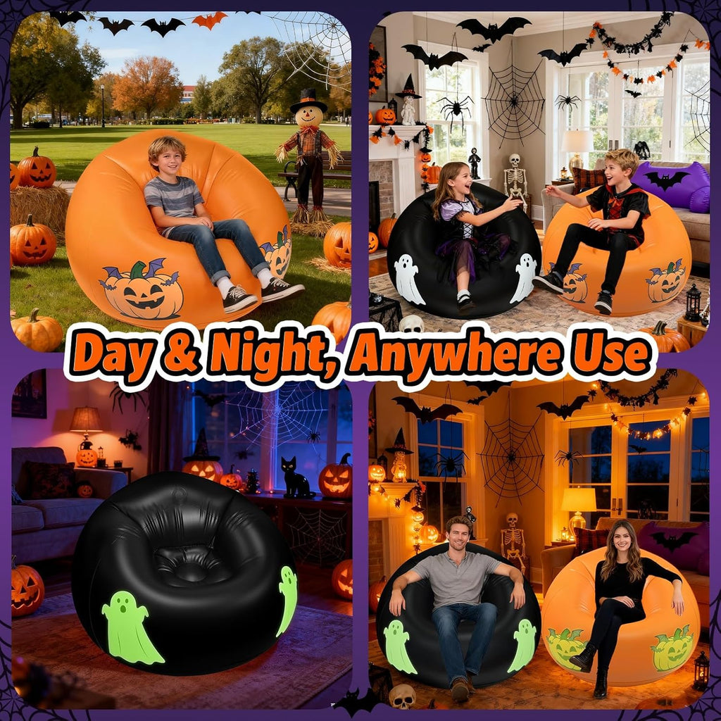 Inflatable Bean Bag Chair Sofa for Kids with Pumpkin Pattern Glow in the Dark, Blow up Air Lounge Chairs Furniture Couch for Camping Movie Night Halloween Decoration Clearance