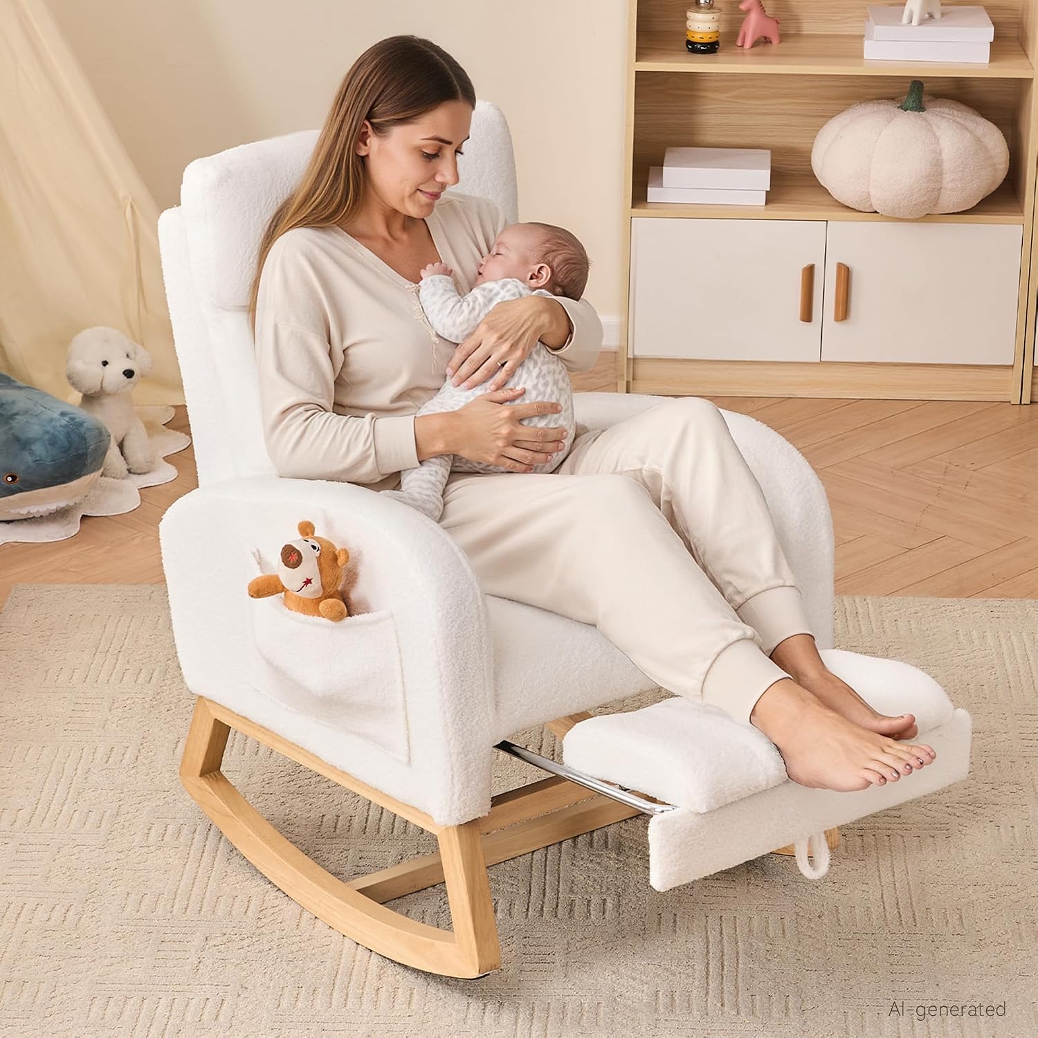 FOXHUNTER Rocking Chair for Nursery with Foot Rest Side Pocket Teddy, White | High Backrest,Headrest,Wooden Base Non-Slip Pads,Nursing Rocking Chair for Breastfeeding,Baby Bedroom,Living Room