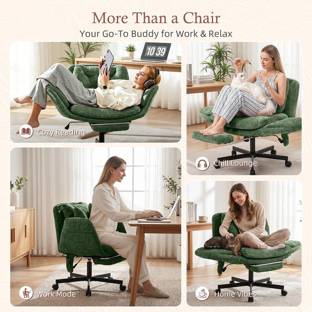 Criss Cross Office Chair with Foot Rest, 5 Gears Adjustable Armrests, Cross Legged Desk Chair with Flip Lumbar Pillow, Built-in Airbag, Wide Seat Chairs for Home Office Makeup Meditation, Light Green