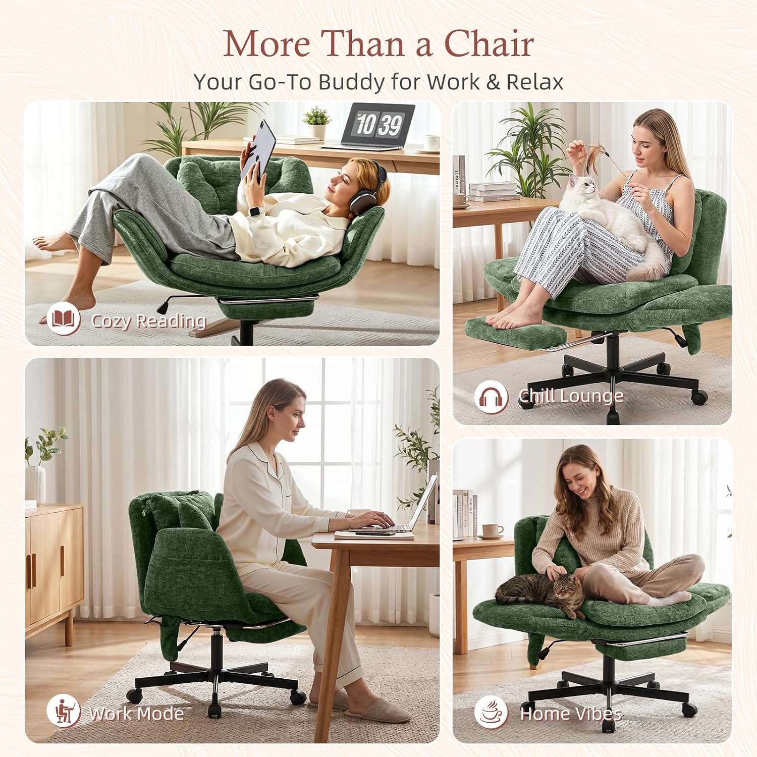 Criss Cross Office Chair with Foot Rest, 5 Gears Adjustable Armrests, Cross Legged Desk Chair with Flip Lumbar Pillow, Built-in Airbag, Wide Seat Chairs for Home Office Makeup Meditation, Light Green
