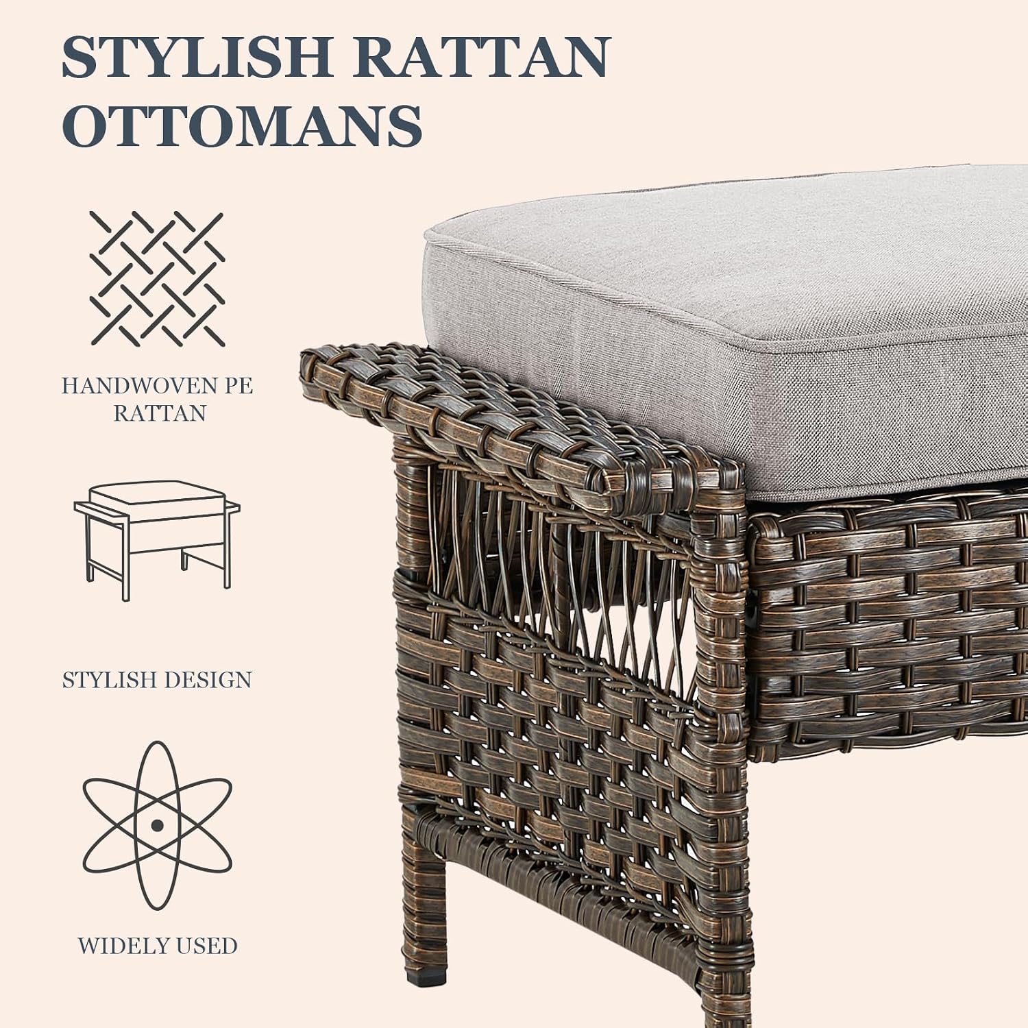 Patio Ottomans 2 Piece Outdoor Wicker Ottomans PE Rattan Footrest with Thickened Cushions Footstools for Garden Sunroom Deck Porch Balcony Poolside, Ottomans(2PCS), Brown|Beige