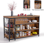 55" Kitchen Island with Seating & Storage, Farmhouse Island Table with 5-Tier Shelves, Large Countertop, Coffee Bar Cabinet with 2 Stemware Racks, Rustic Brown