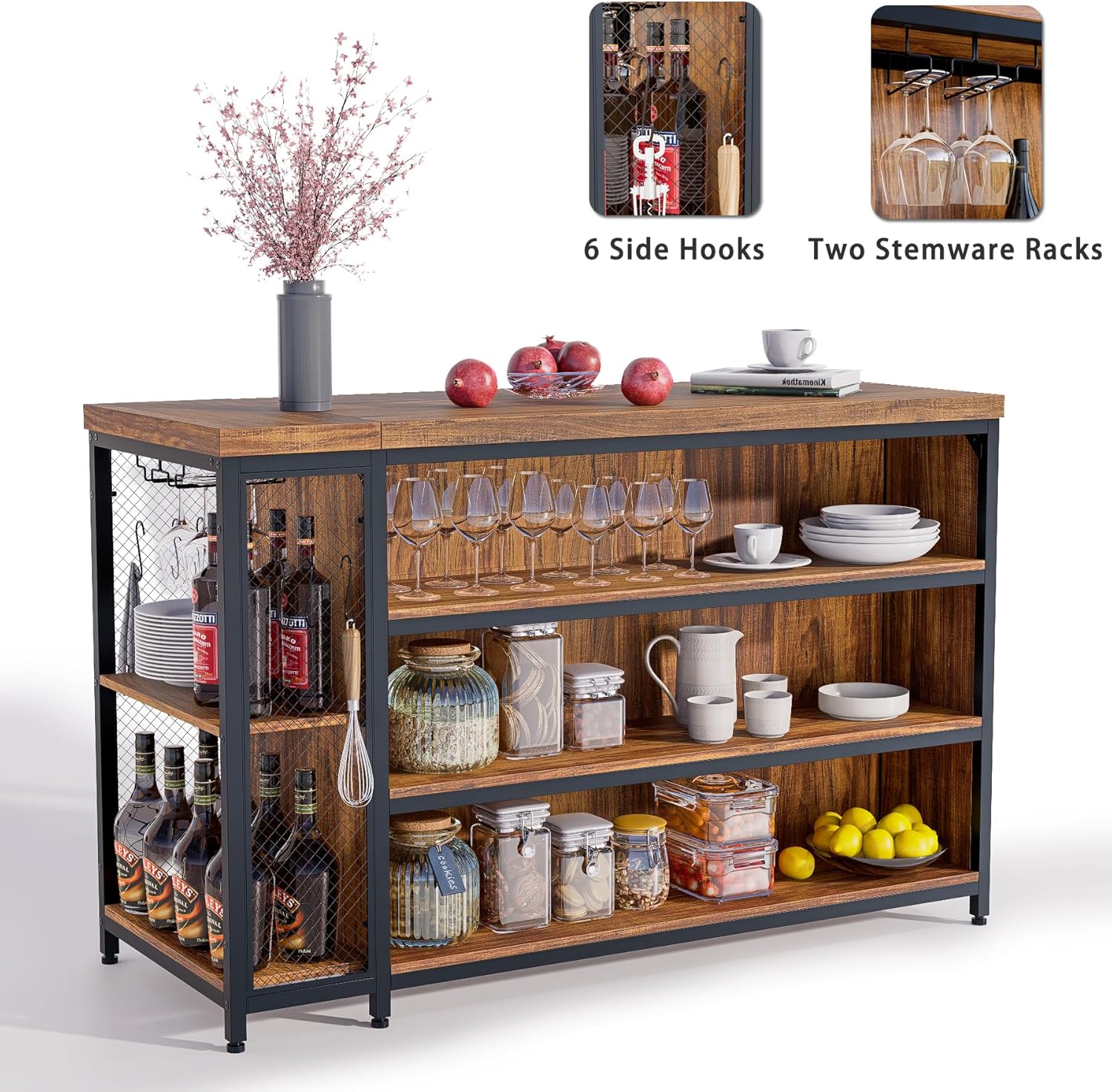 55" Kitchen Island with Seating & Storage, Farmhouse Island Table with 5-Tier Shelves, Large Countertop, Coffee Bar Cabinet with 2 Stemware Racks, Rustic Brown