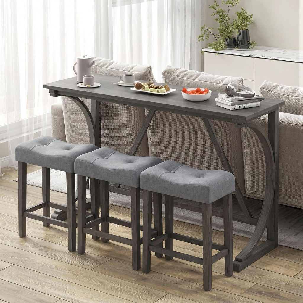COSTWAY 4-Piece Farmhouse Bar Table Set with Power Outlet, Counter Height Dining Table Set w/ 3 Upholstered Stools, Wood Console Table Set for Kitchen, Dining Room, Living Room (Gray)