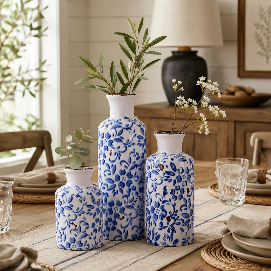 Blue and White Ceramic Vase Set of 3 – Vintage Floral Porcelain Pottery Vases, Rustic Decorative Vases for Flowers, Farmhouse Chinoiserie Home Decor, Table, Mantel, Living Room & Shelf Centerpieces