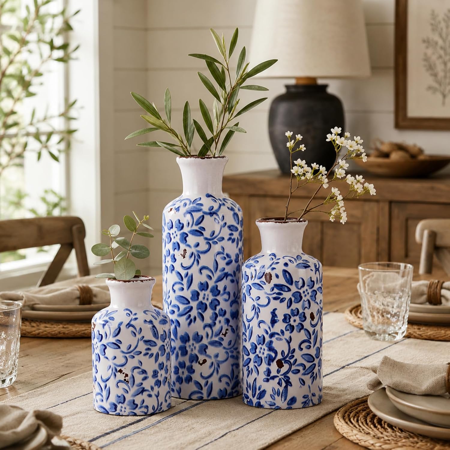Blue and White Ceramic Vase Set of 3 – Vintage Floral Porcelain Pottery Vases, Rustic Decorative Vases for Flowers, Farmhouse Chinoiserie Home Decor, Table, Mantel, Living Room & Shelf Centerpieces