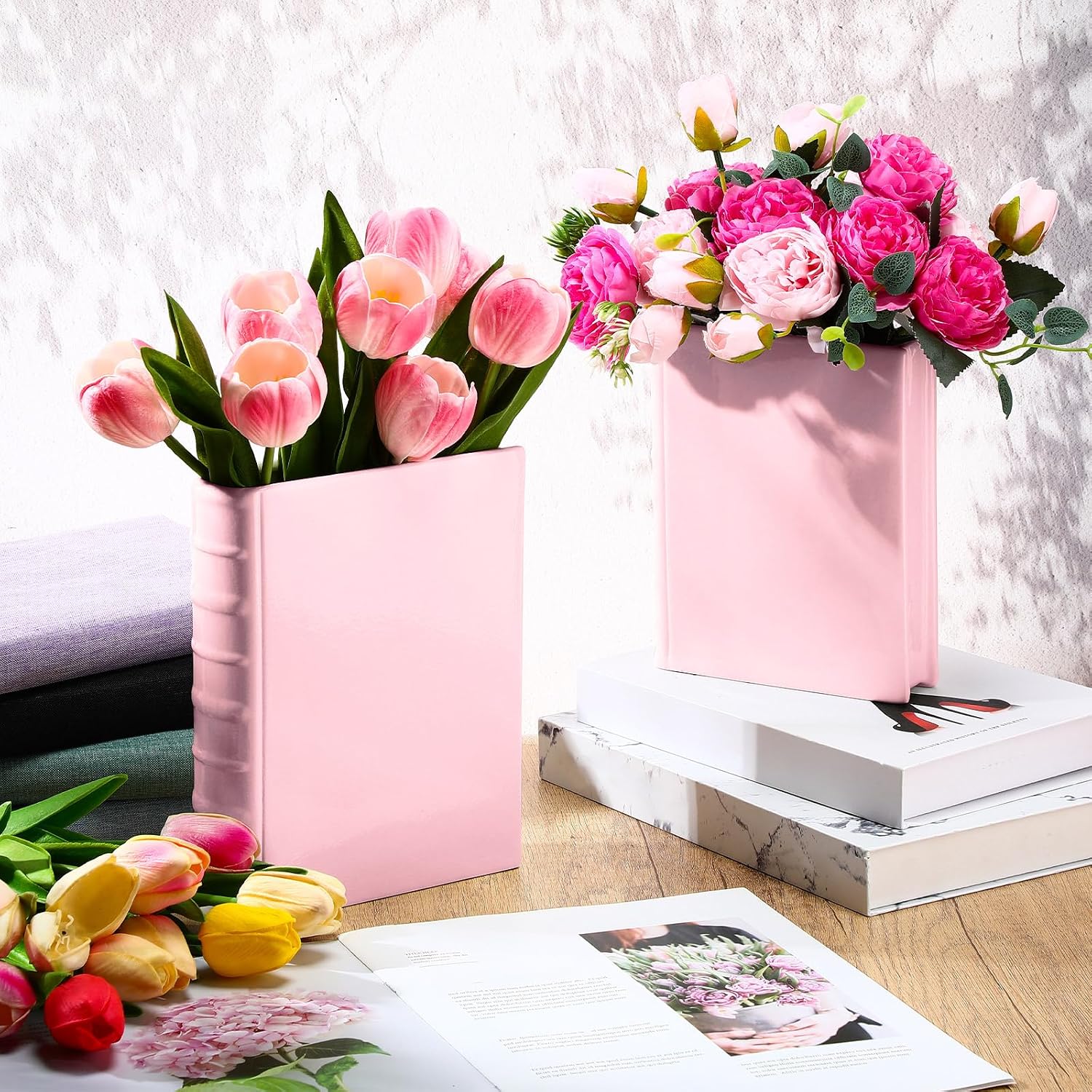 Vesici 2 Pcs Ceramic Book Shape Vase for Flowers Gifts for Christmas Cute Bookshelf Decor Vase for Book Lovers Gifts Unique Vases Home Decor for Bookshelf Dining Table Office Home(Pink)