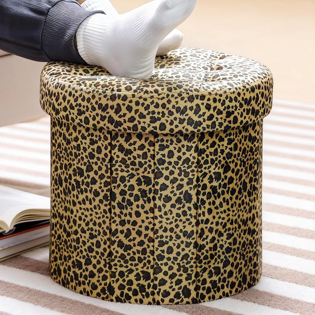 AmasSmile Storage Ottoman Folding Foot Rest Stool, 14x14x13 inch Small Velvet Footstool Bench, Short Ottoman Bench, Storage Foot Rest Store, Blanket Chest, Leopard Print