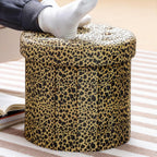 AmasSmile Storage Ottoman Folding Foot Rest Stool, 14x14x13 inch Small Velvet Footstool Bench, Short Ottoman Bench, Storage Foot Rest Store, Blanket Chest, Leopard Print