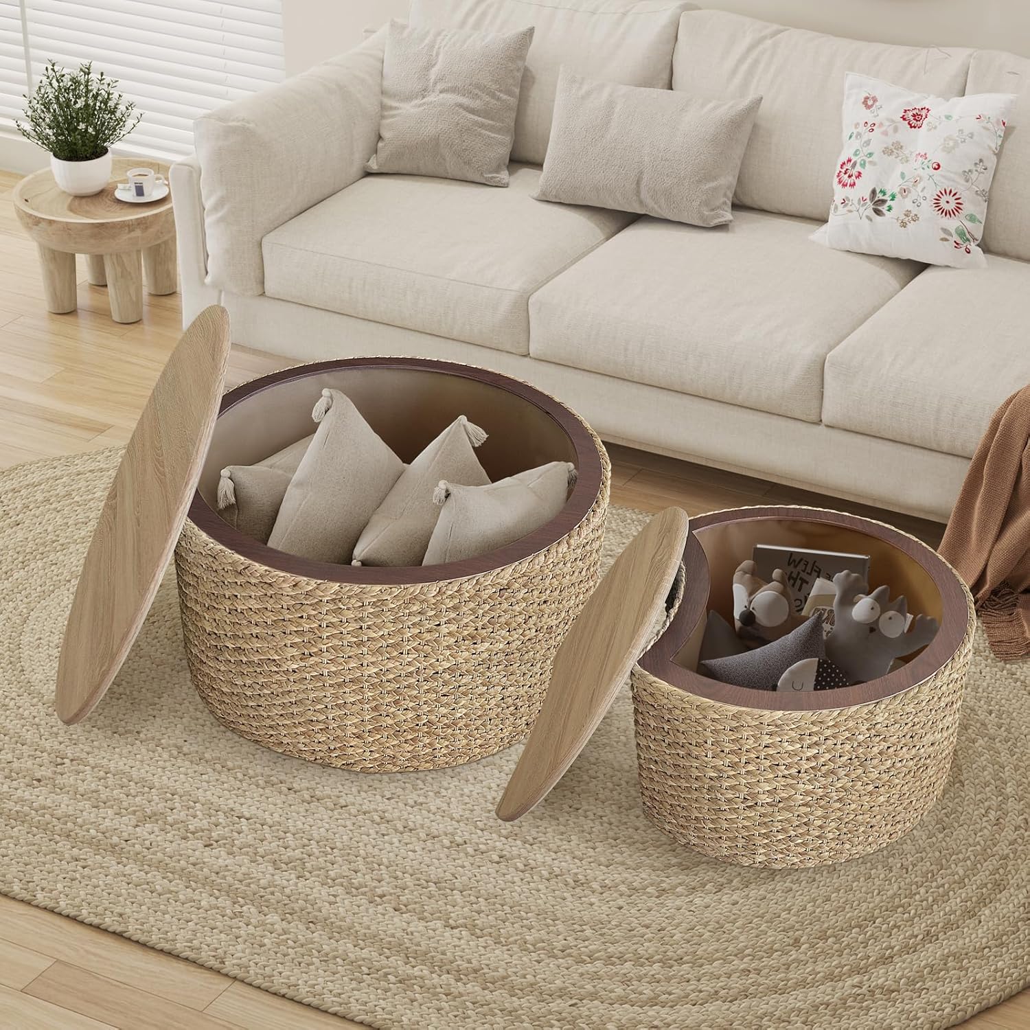 Nesting Coffee Table Set of 2, Rustic Crate and Barrel Coffee Table, Hand-Woven Woven Nesting Tables with Soild Wood Cover for Living Room, Bedroom