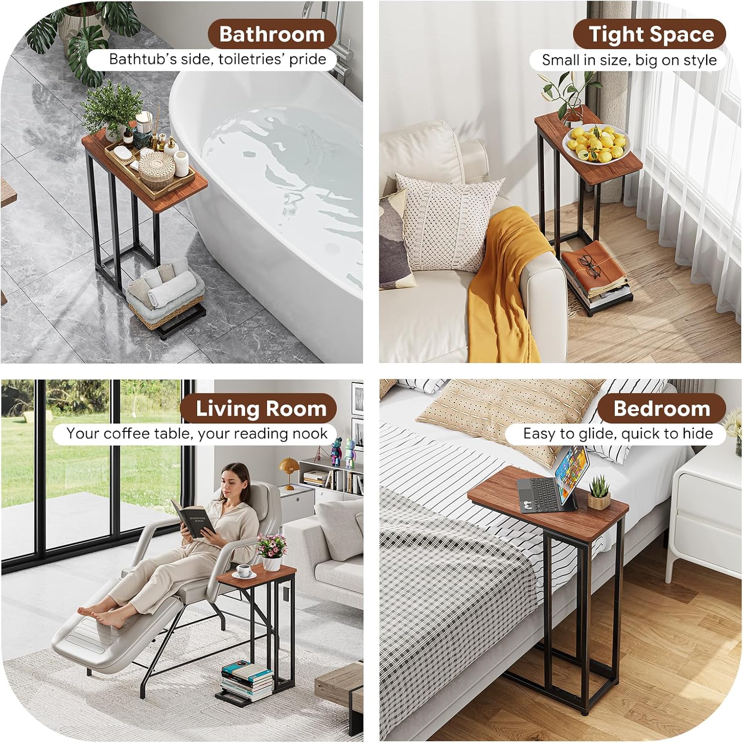 Ekisemio C-Shaped End Table, Slide Under Sofa Side Table with Metal Frame, Rustic Brown for Living Room
