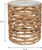JONATHAN Y Malaya 16" Water Hyacinth Round End Table with Glass Top, Handwoven Wicker Accent Side Table for Living Room, Bohemian Nightstand for Small Spaces, Fully Assembled, Natural TBL2508A