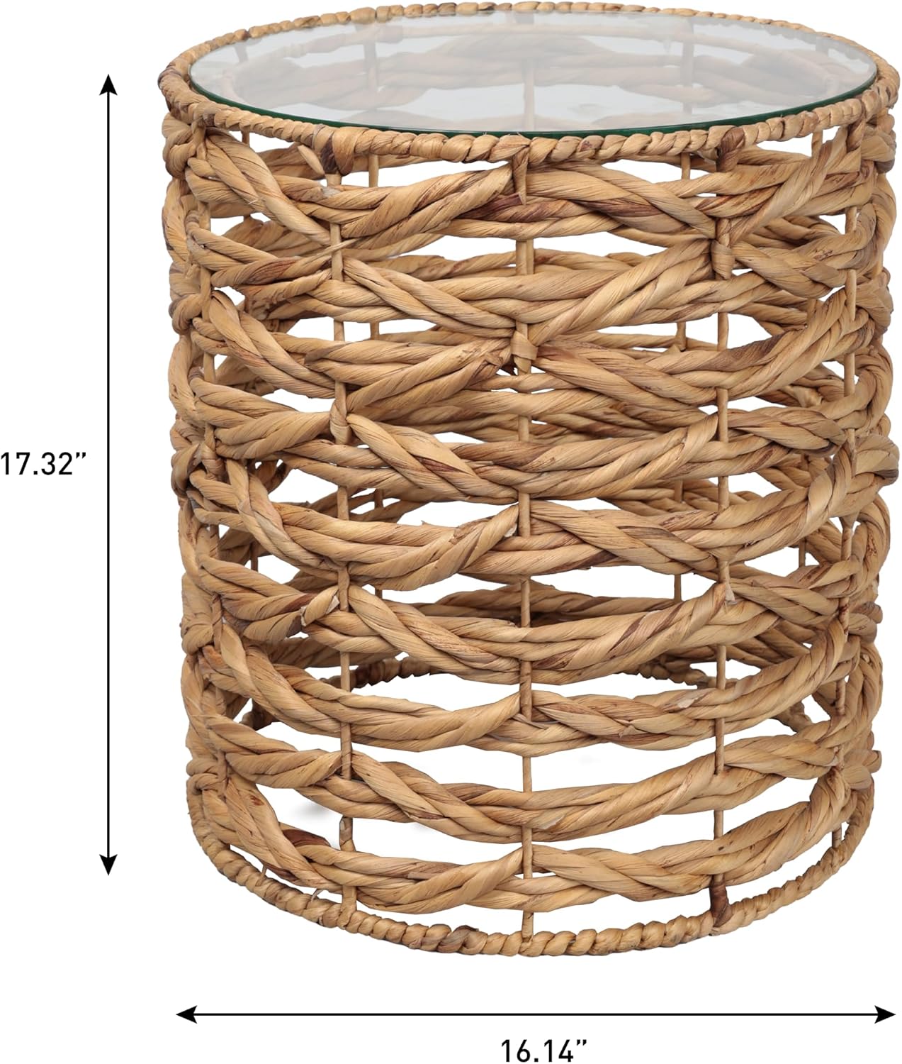 JONATHAN Y Malaya 16" Water Hyacinth Round End Table with Glass Top, Handwoven Wicker Accent Side Table for Living Room, Bohemian Nightstand for Small Spaces, Fully Assembled, Natural TBL2508A