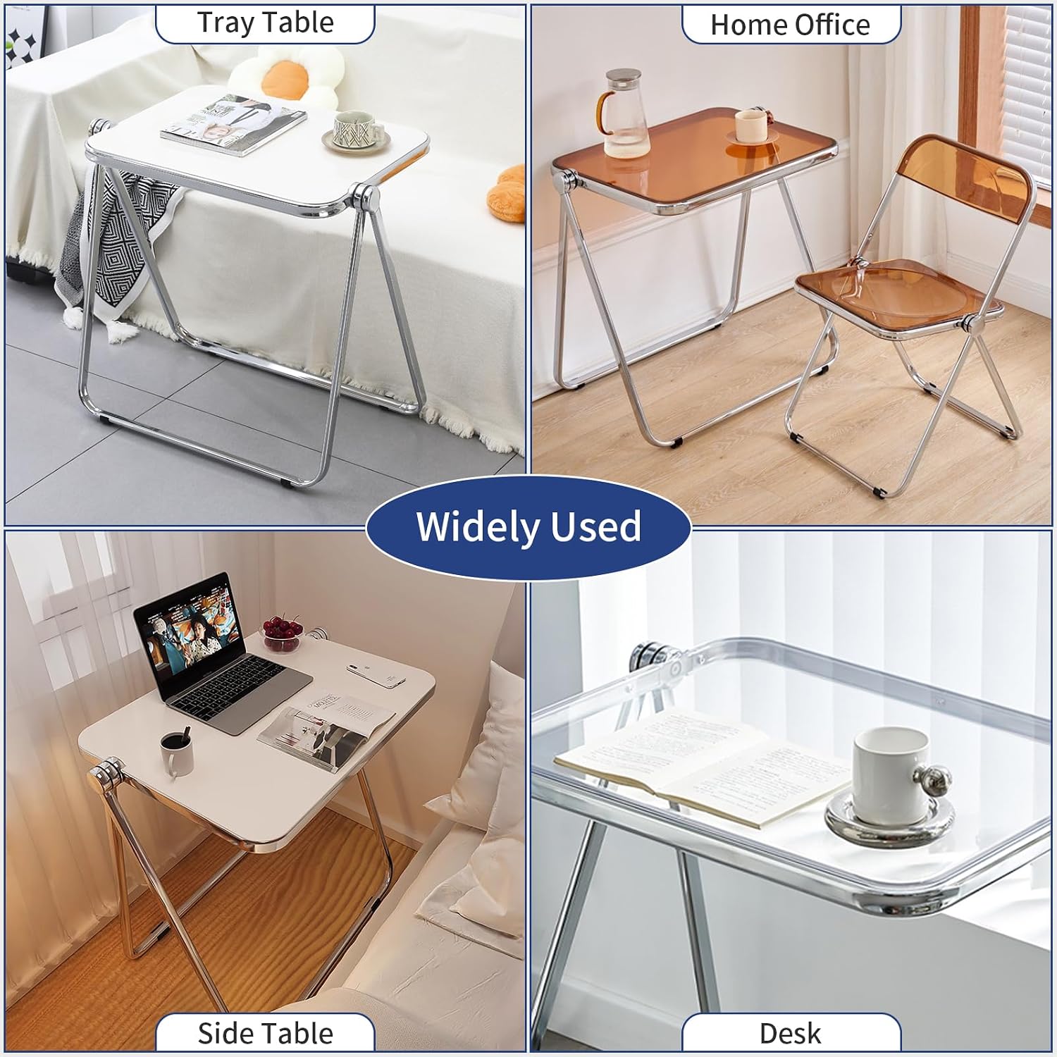Black Acrylic Folding Tray Table, Sleek Small Foldable Writing Desk for Home Office, Space Saving Laptop Table for Small Spaces, Clear Side Table for Living Room, Portable TV Tray for Couch
