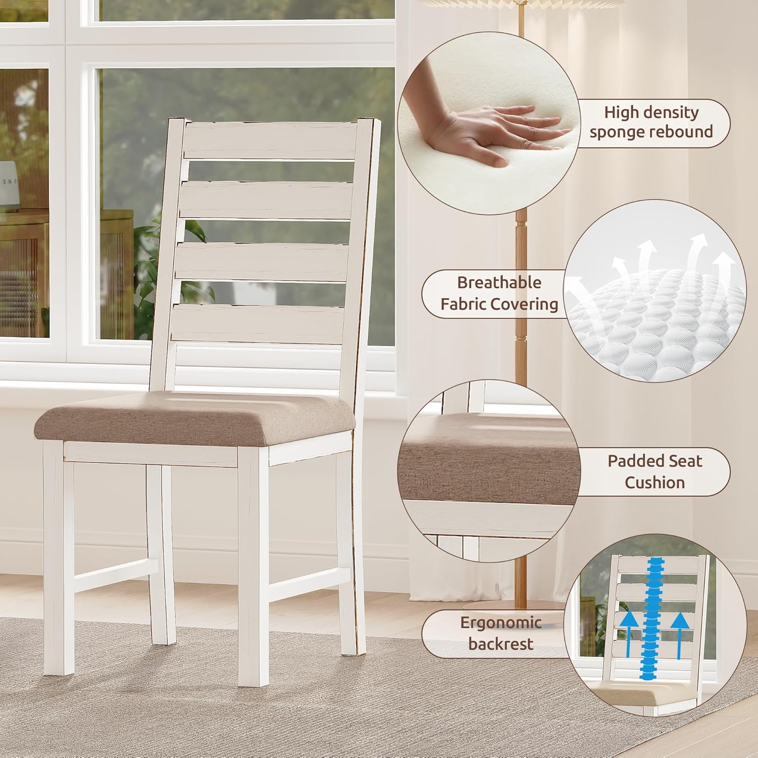 59" Farmhouse Dining Table Set for 6, White Rectangular Wood Table with Upholstered Chairs & Bench for Kitchen or Dining Room (2chiars&2bench)