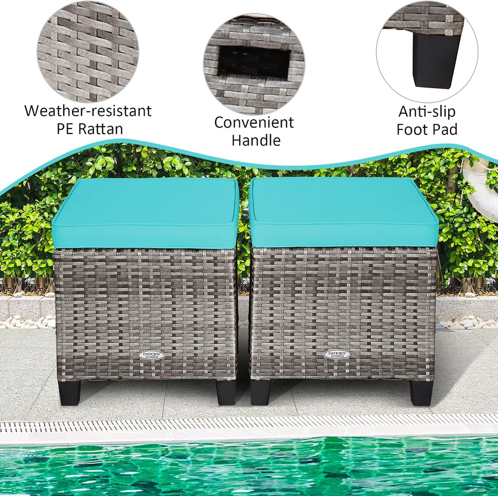 COSTWAY Set of 2 Wicker Ottomans, Outdoor 3-in-1 All Weather Rattan Foot Rest, Side Table, Additional Seating with Removable Seat Cushions and Steel Frame for Patio, Deck, Backyard, Porch (Turquoise)