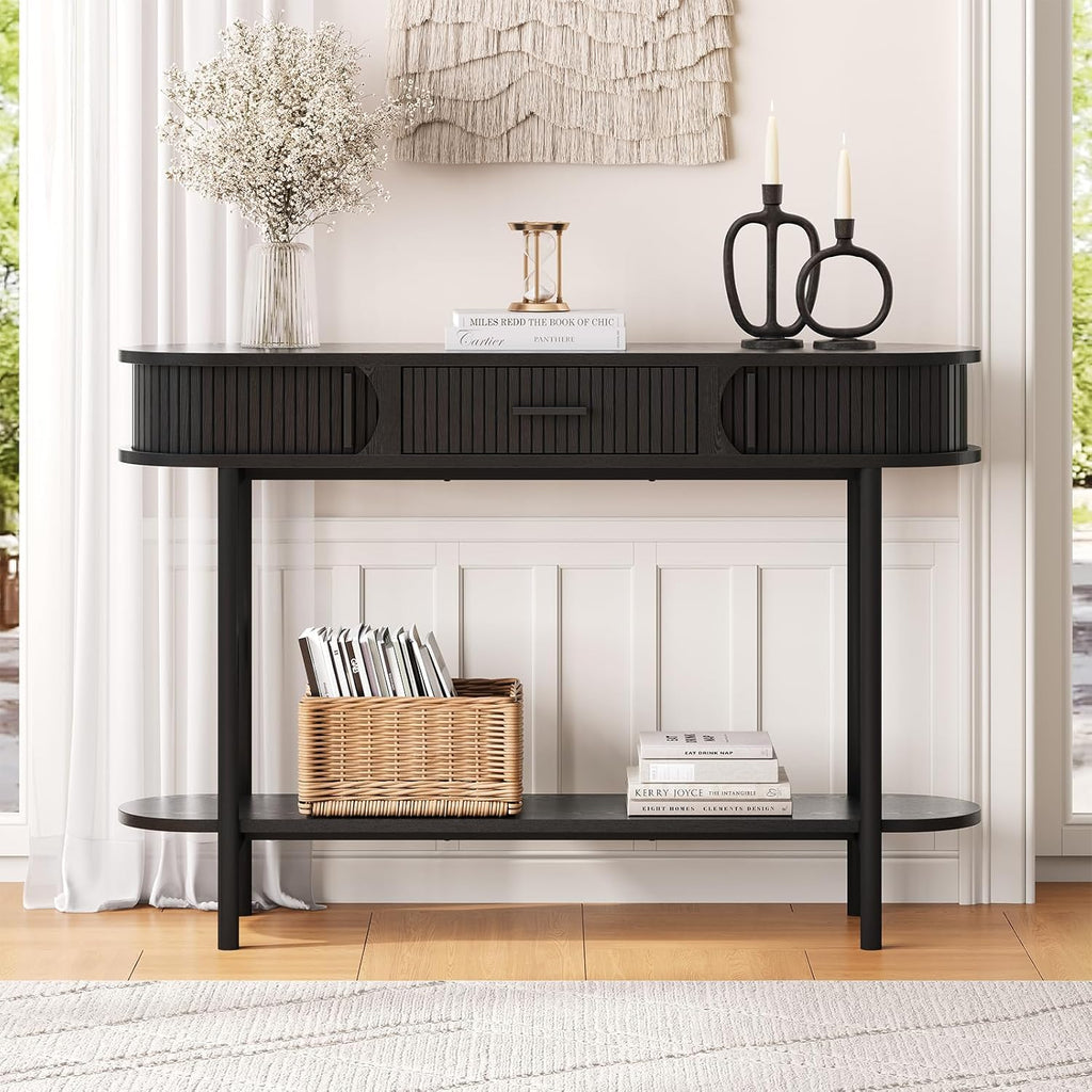 ONBRILL 47 Inch Fluted Console Table with Drawers, Entryway Table with Storage, Oval Sofa Tables Behind Couch, Mid-Century Modern Hallway Tables for Entryway, Hallway, Small Spaces, Black