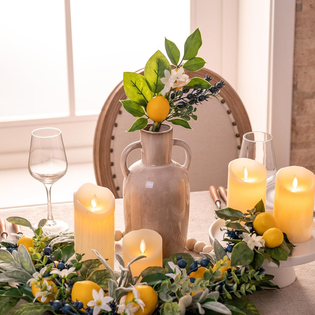 Valery Madelyn 4 Packs Spring Summer Picks with Lemons Blueberry Eucalyptus Leaves, Artificial Fruit Lemon Picks with Greenry, Summer Lemon Branches Decorations for Home Vase Kitchen Table Decor-12''