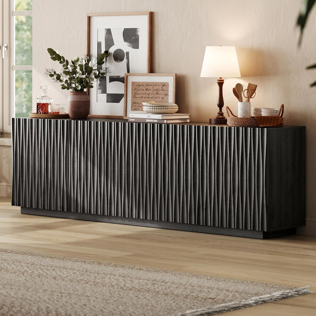 CHIC HOUSE 70" Fluted Mid Century Modern Buffet Cabinet with Storage, Farmhouse Storage Sideboard Cabinet with Doors, Accent Cabinet & Media Console for Living Room, Entryway, Black Walnut