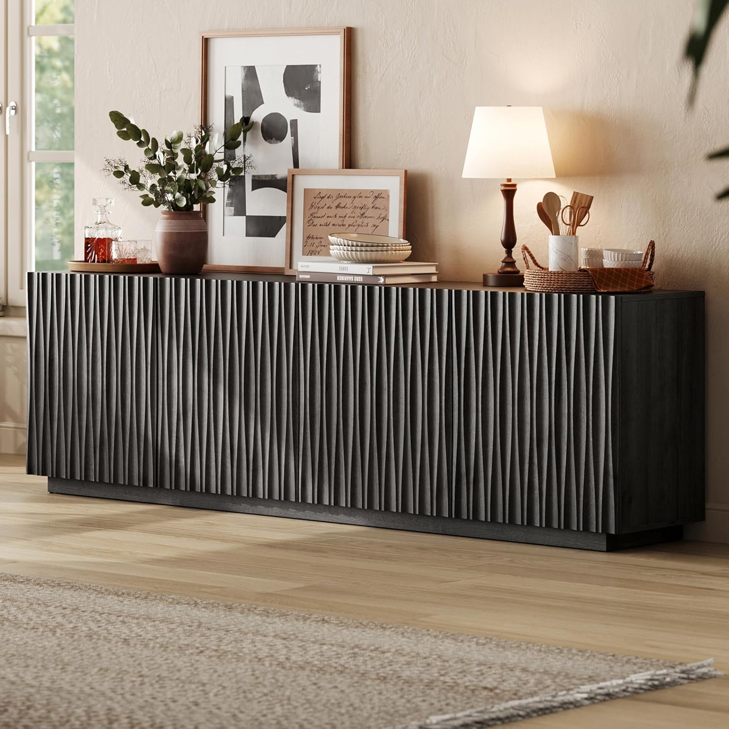 CHIC HOUSE 70" Fluted Mid Century Modern Buffet Cabinet with Storage, Farmhouse Storage Sideboard Cabinet with Doors, Accent Cabinet & Media Console for Living Room, Entryway, Black Walnut