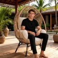 Outdoor Egg Chair Wicker, 8-Inch Deep Comfort Cushion, 400lbs Capacity, Ergonomic Balcony Chairs Indoor(Natural)