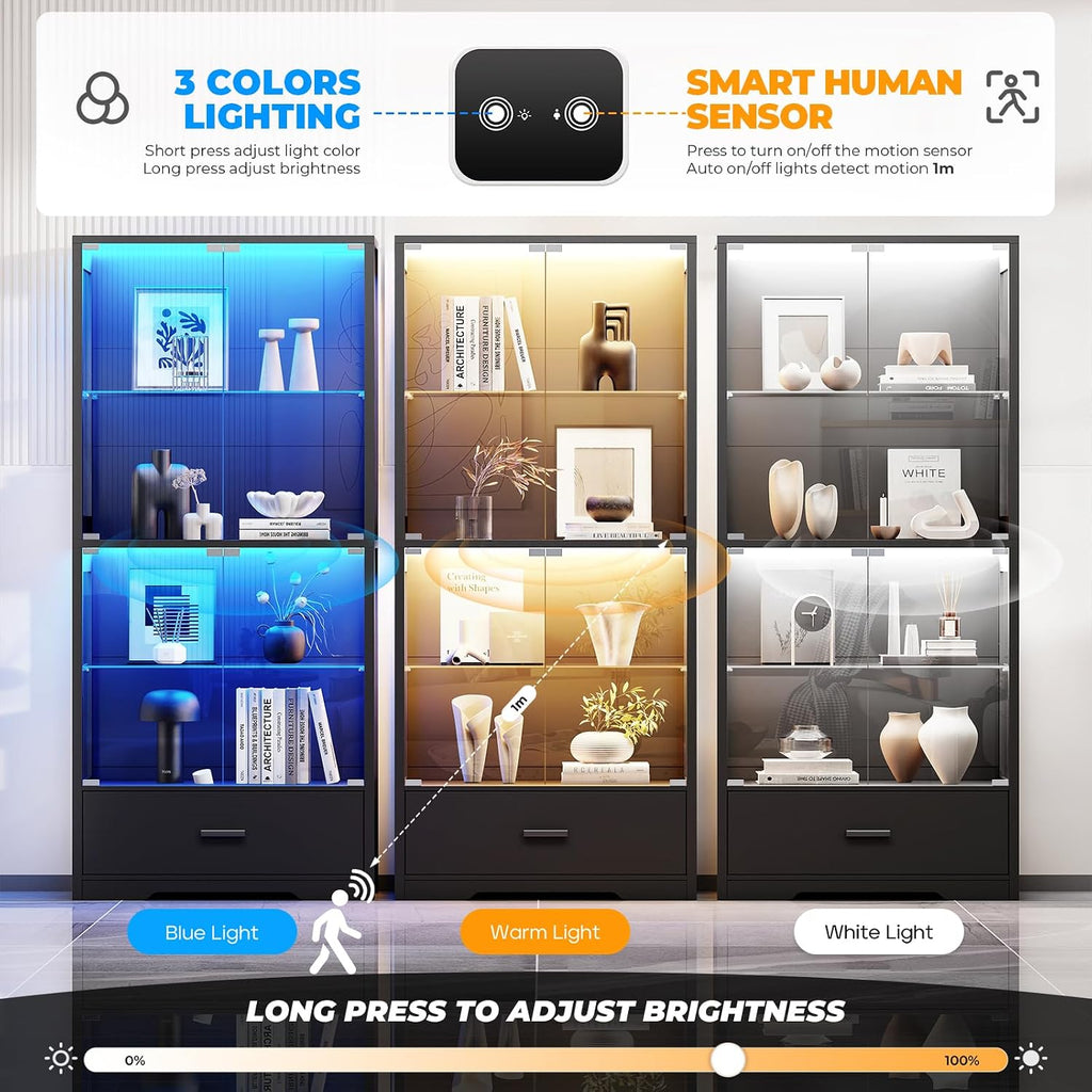BROTTAR Display Cabinet with Glass Doors, 4-Tier Curio Cabinet with Drawer for Collectibles, Display Case with 3-Color Lights & Human Body Sensor, Storage Cabinets with Adjustable Glass Shelves, Black