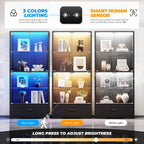 BROTTAR Display Cabinet with Glass Doors, 4-Tier Curio Cabinet with Drawer for Collectibles, Display Case with 3-Color Lights & Human Body Sensor, Storage Cabinets with Adjustable Glass Shelves, Black