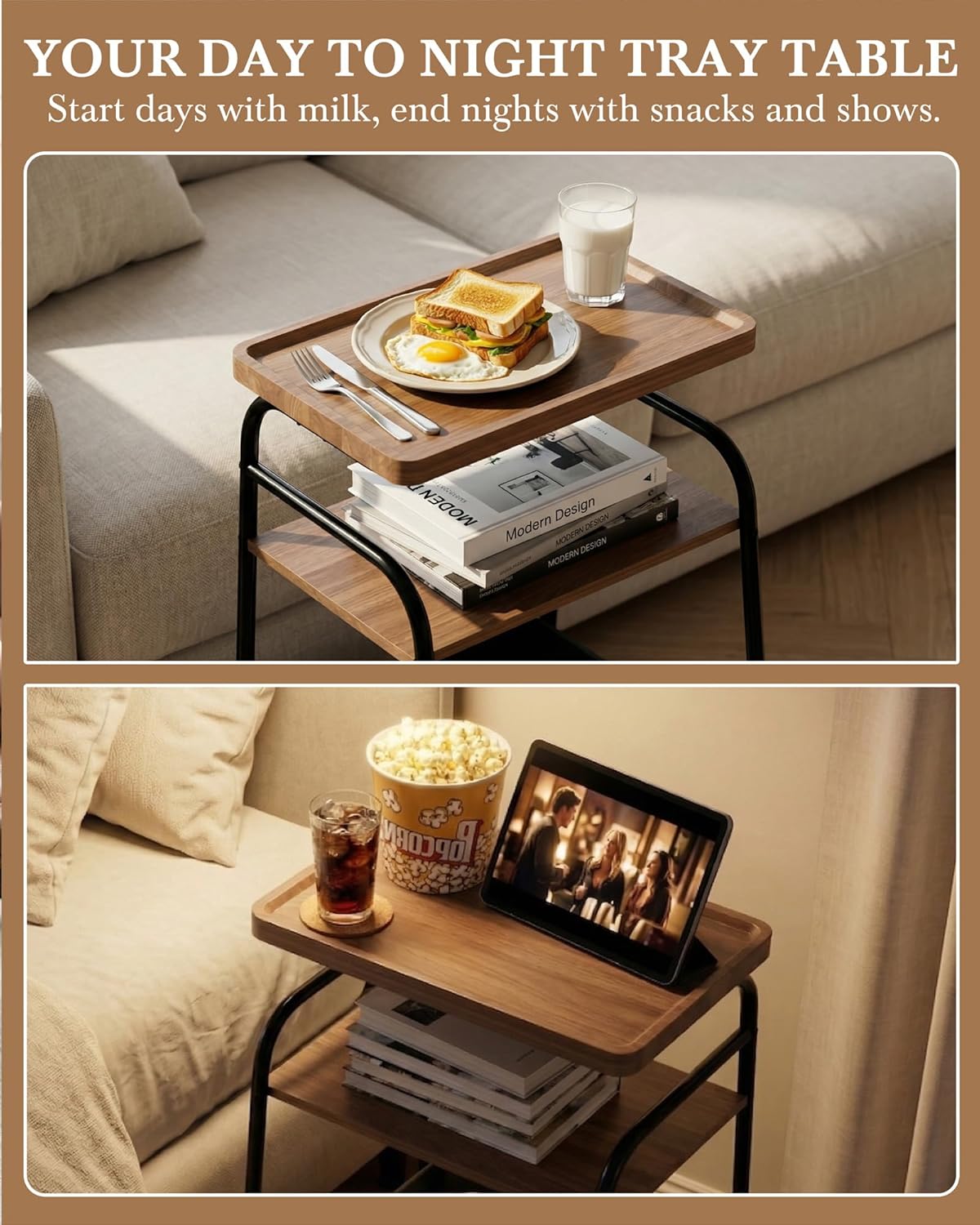 3 Tiers End Table with Fabric Basket, Small Side Table for Small Spaces, Modern Decor Nightstand with Handle, Tv Tray for Living Room, Bedroom, Dorm, Walnut