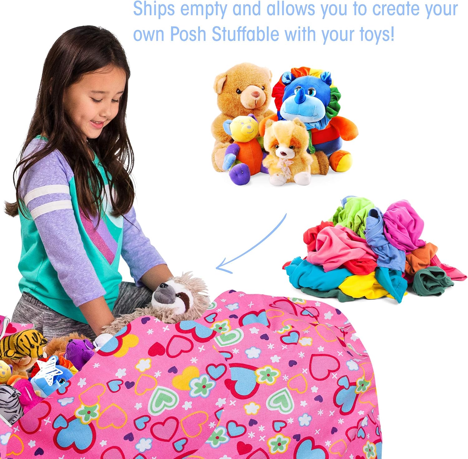 Posh Stuffable Kids Stuffed Animal Storage Bean Bag Chair Cover - Childrens Toy Organizer, X-Large-48 - Canvas Multi-Colored Hearts on Pink