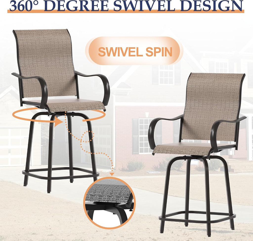 UDPATIO Outdoor Swivel Bar Stools Set of 4,Outdoor High Bistro Stools with Waterproof Textile Fabric,Armrest,Footrest,All Weather Bar Height Patio Chairs for Poolside, Garden, Backyard,Brown