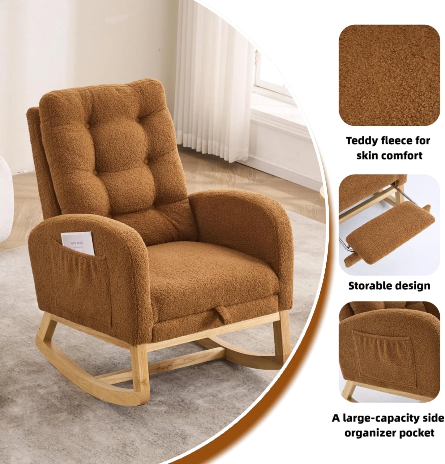 Upholstered Rocking Armchair with Footrest 39.76" High Back Teddy Fabric Rocker Chair with Side Storage Pocket and Rubber Wood Base for Living Room Bedroom Nursery (Caramel)
