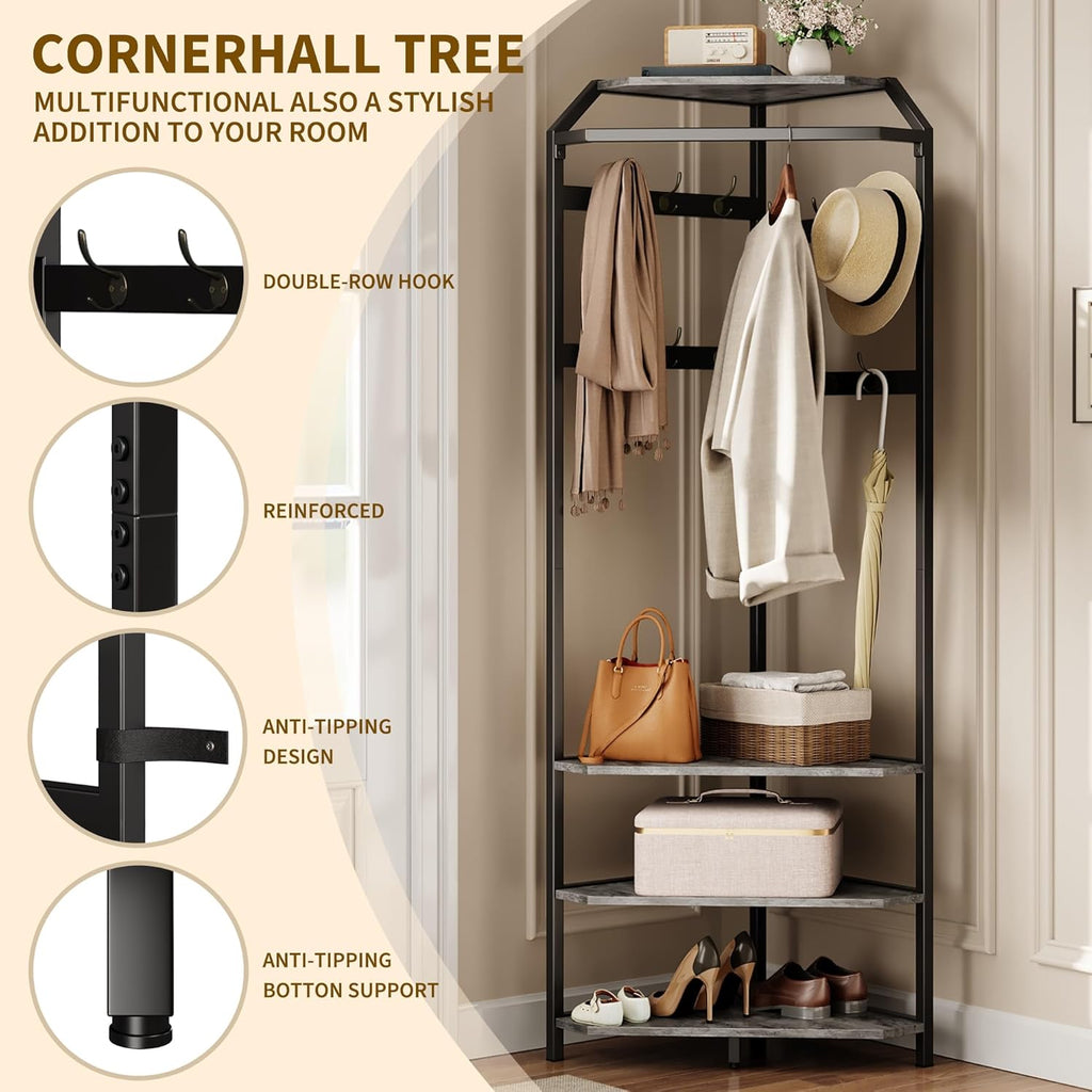 IDEALHOUSE Corner Coat Rack with Shoe Bench Entryway and 12 Double Hooks, Corner Hall Tree - Corner Clothes Rack with Storage Corner Tree with Organizer Shoe Bench Shelf for Entryway, Hallway, Closet