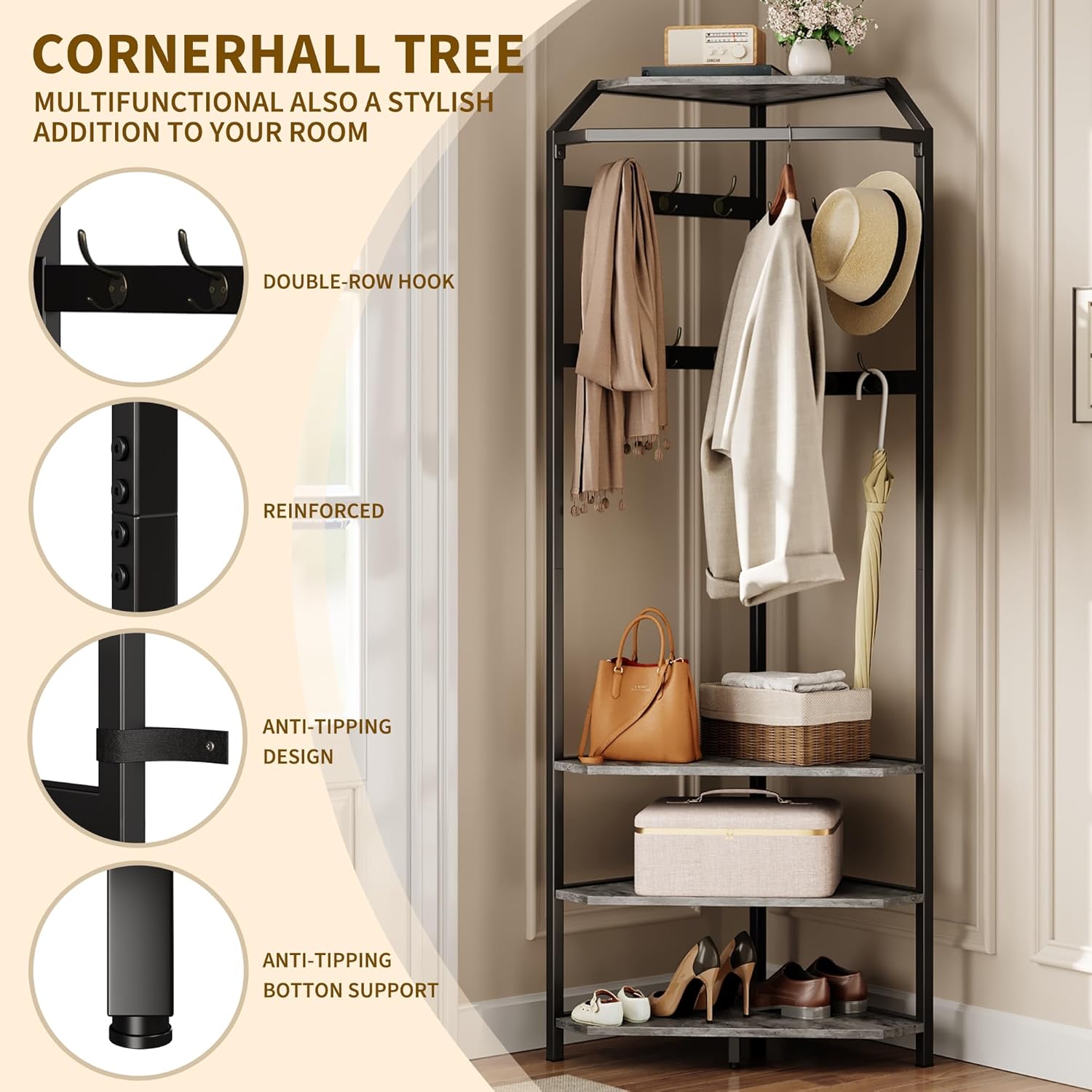 IDEALHOUSE Corner Coat Rack with Shoe Bench Entryway and 12 Double Hooks, Corner Hall Tree - Corner Clothes Rack with Storage Corner Tree with Organizer Shoe Bench Shelf for Entryway, Hallway, Closet