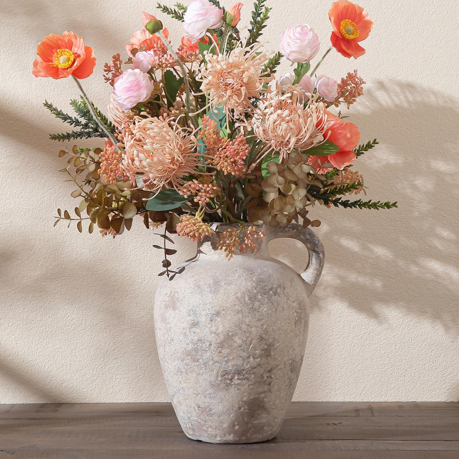 Enra Rustic Terracotta Vase with Handle, Textured Ceramic Home Decor | 8.85 Inch Vase with Farmhouse Style for Living Room, Shelf, Table Centerpiece and Home Decoration