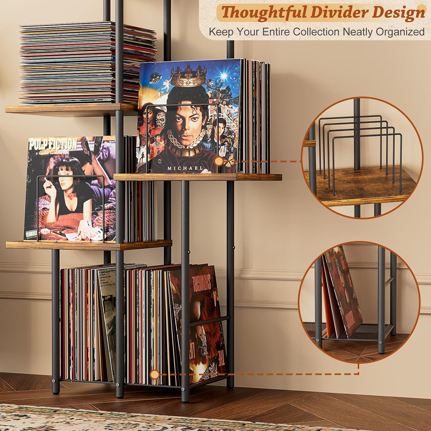 Record Player Stand, Vinyl Record Storage Holder with Display Shelf, Turntable Stand Table with Vinyl Organizer Dividers Album Rack, Vintage Style Record Cabinet Wood, Mid Century Modern Tall Console