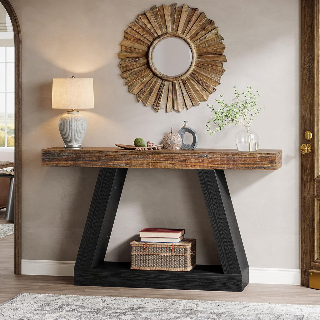 Tribesigns Farmhouse Console Table, 55-Inch Rustic Sofa Table with Storage, Industrial Wooden Entryway Table for Hallway, Living Room, Black & Brown