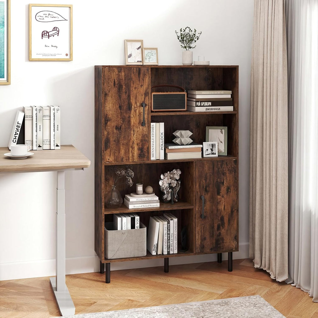 Giantex 47-Inches Storage Cabinet with Doors, Open Shelves, Anti-Tipping Device, 4-Tier Bookcase for Books & Photos, Tall Cupboard, Floor Cabinet for Living Room, Kitchen Buffet Sideboard (Brown)