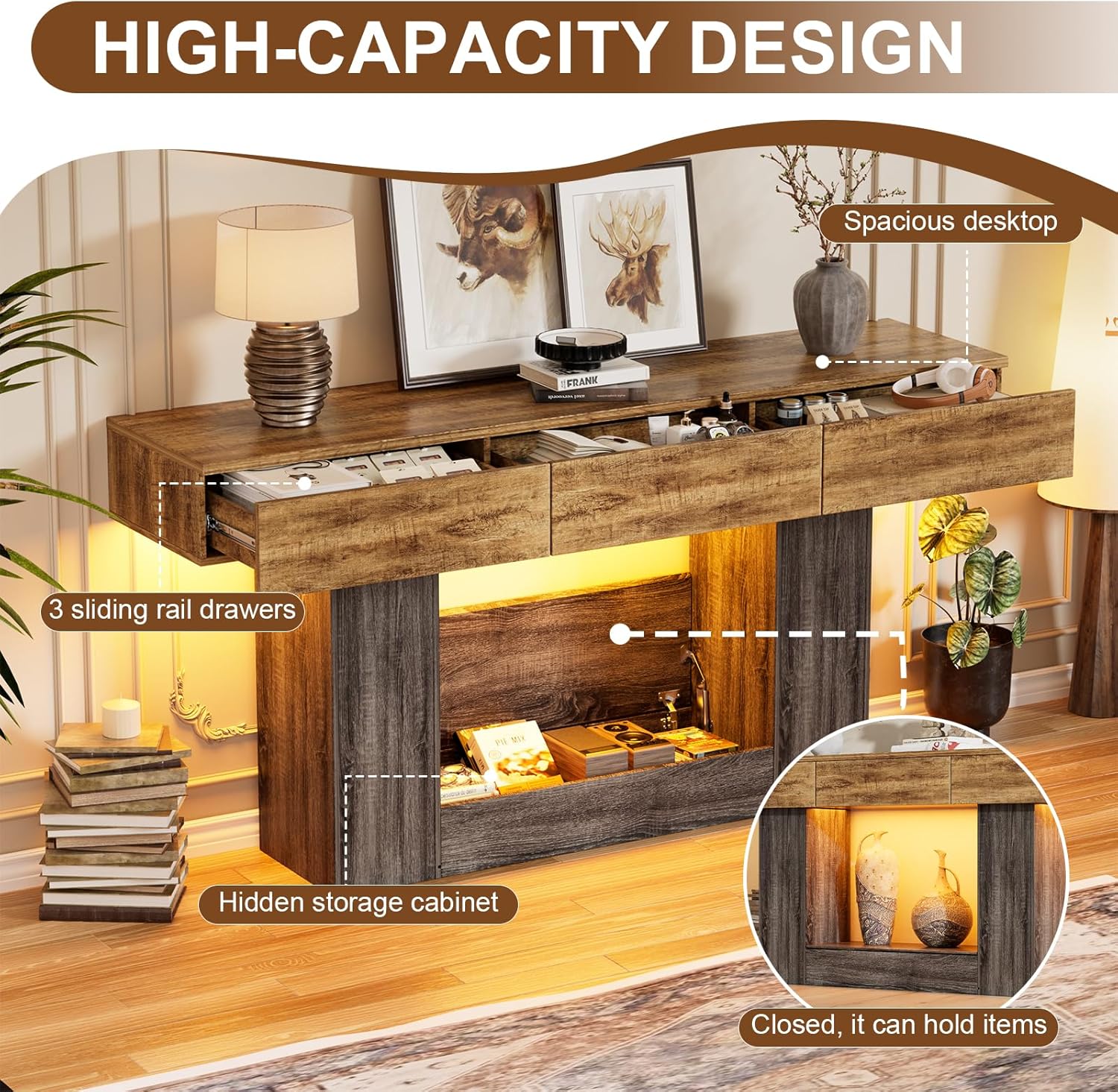 PAKASEPT 63 Inches Entryway Table with Storage,Foyer Tables Colorful with LED Lights and 3 Drawers, Narrow Console Table with Hidden Compartment for Gun Storage for Hallway, Living Room,Behind Couch