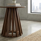 DUOMAY Modern Solid Wood Round Side Table with Geometric Base, Wood Accent End Table Center Table for Living Room, Bedroom, Lounge, Office, Walnut