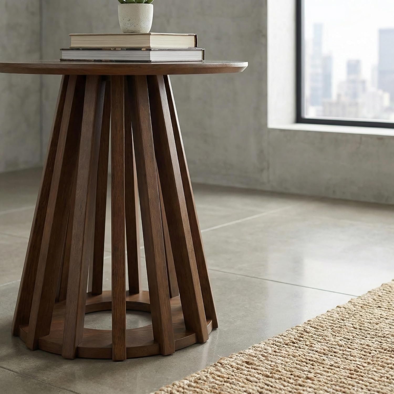 DUOMAY Modern Solid Wood Round Side Table with Geometric Base, Wood Accent End Table Center Table for Living Room, Bedroom, Lounge, Office, Walnut