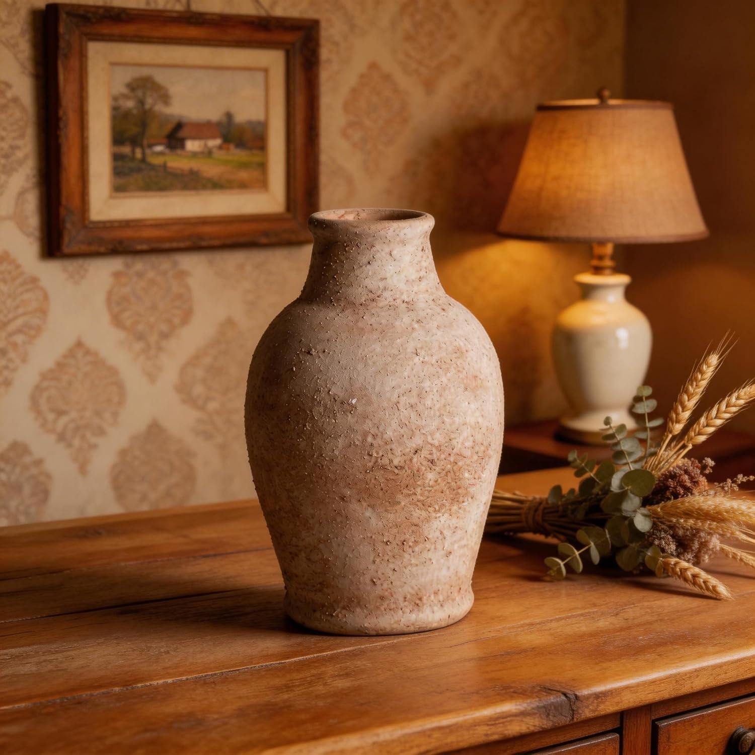 Ceramic Flower Vase 8.3（inc） Gray Rustic Farmhouse Decor Living Room Home Decor Bedroom Decorations for House Book Shelf Office Coffee Desk Dining Fireplace Floor vase