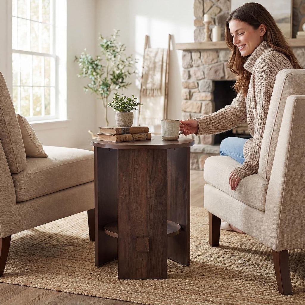 chairus Round Side Table, 15.5" Small End Table with 2-Tier Open Storage, Modern Nightstand for Living Room Bedroom, Compact Accent Furniture for Small Spaces, Walnut